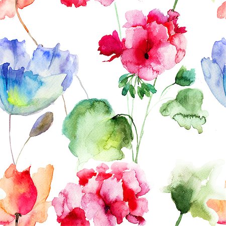Watercolor seamless wallpaper with summer flowers Fotografie stock - Microstock e Abbonamento, Codice: 400-07104302
