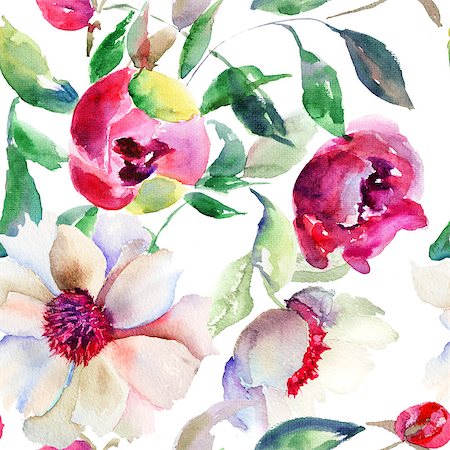peony art - Seamless pattern Spring colorful flowers, Watercolor illustration Stock Photo - Budget Royalty-Free & Subscription, Code: 400-07104310