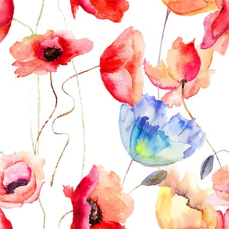 Seamless pattern with Poppy flowers, watercolor illustration Fotografie stock - Microstock e Abbonamento, Codice: 400-07104328