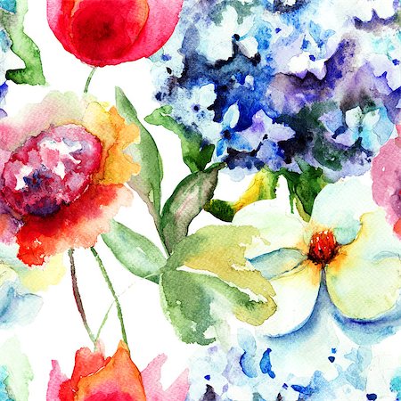 Seamless wallpaper with original beautiful flowers, Watercolor painting Stock Photo - Budget Royalty-Free & Subscription, Code: 400-07104322