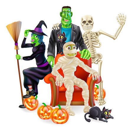 A friendly happy looking cartoon group of classic Halloween monsters. A witch with her broom, skeleton waving, Frankenstein's monster, bandaged mummy and Halloween pumpkin lanterns and black witch's cats Foto de stock - Super Valor sin royalties y Suscripción, Código: 400-07104471