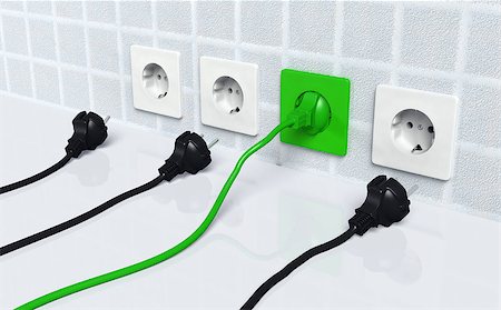 ecological green plug is connected to a green socket placed on the wall and three other traditional plugs are disconnected and lie on the ground Fotografie stock - Microstock e Abbonamento, Codice: 400-07104875