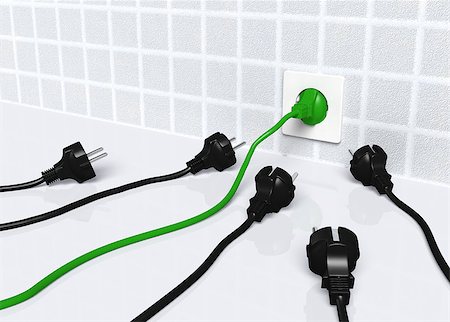 ecological green plug is connected to a white socket placed on the wall instead of others traditional plugs that are waiting on the ground Fotografie stock - Microstock e Abbonamento, Codice: 400-07104877