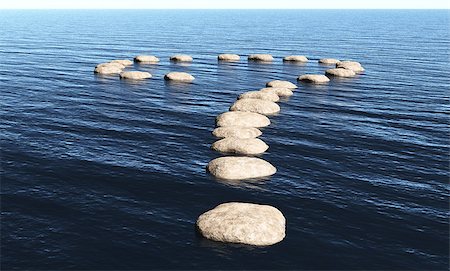 a path in the shape of question mark made of stones above the surface of deep water, in a sunny day. Fotografie stock - Microstock e Abbonamento, Codice: 400-07104884