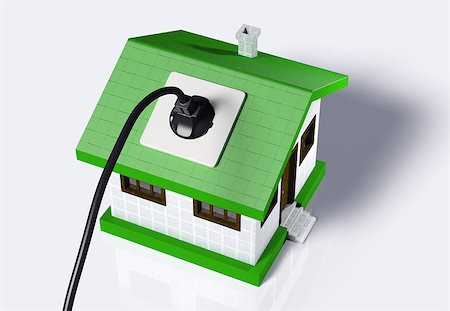 emergency supplies - a small house with a socket on the roof is connected to a black cabled plug. On a white background Stock Photo - Budget Royalty-Free & Subscription, Code: 400-07104885