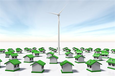 a wind generator is placed in the middle of rows of small houses arranged in concentric circles and look at it, on a white ground and a cloudy sky Fotografie stock - Microstock e Abbonamento, Codice: 400-07104887