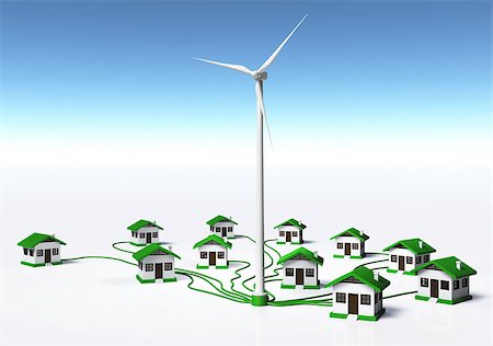 a wind generator is supplying small homes by connecting them with green cables, on a white ground and a blue sky Fotografie stock - Microstock e Abbonamento, Codice: 400-07104897