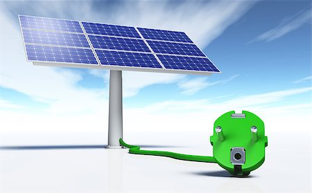 closeup of a green plug connected with a green wire to a solar panel, on a white ground and a blue sky with some clouds Fotografie stock - Microstock e Abbonamento, Codice: 400-07104890