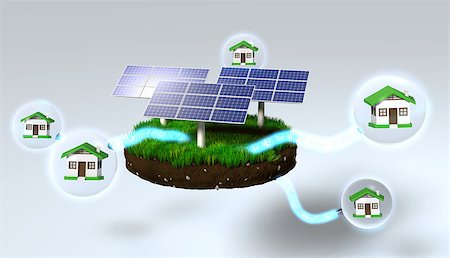 three solar panels on a grassy rounded clod of earth are supplying homes inside of the spheres, with some energy beams Fotografie stock - Microstock e Abbonamento, Codice: 400-07104892