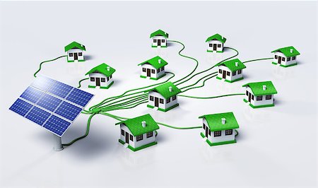 simsearch:400-05255582,k - Some solar panels are supplying small homes by connecting them with green cables, on a white background Photographie de stock - Aubaine LD & Abonnement, Code: 400-07104893