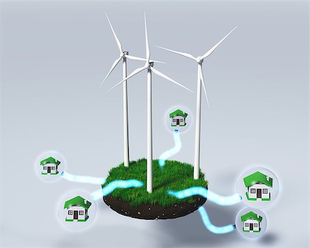 three wind generators on a grassy rounded clod of earth are supplying homes inside of the spheres, with some energy beams Fotografie stock - Microstock e Abbonamento, Codice: 400-07104900