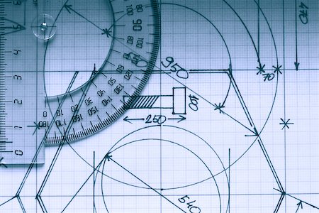 Closeup of protractor on graph paper with draft Foto de stock - Royalty-Free Super Valor e Assinatura, Número: 400-07105065