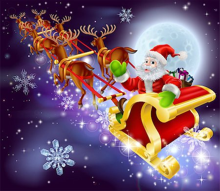 santa and reindeer - Christmas cartoon illustration of Santa Claus flying in his sled or sleigh through the night sky with moon in the background Stock Photo - Budget Royalty-Free & Subscription, Code: 400-07105491