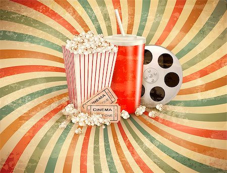 Retro background with Popcorn and a drink. Vector illustration Stock Photo - Budget Royalty-Free & Subscription, Code: 400-07105520
