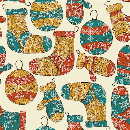 Vector seamless winter  Christams pattern with socks, mittens, fir tree balls and snowflakes, pattern in swatch menu Photographie de stock - Aubaine LD & Abonnement, Code: 400-07105545