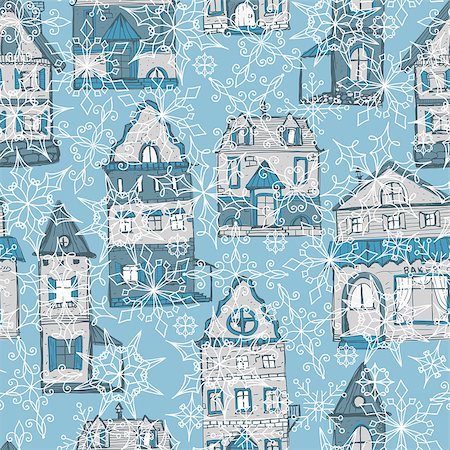 vector seamless winter pattern with old styled medieval retro houses and snowflakes, pattern in swatch menu Stock Photo - Budget Royalty-Free & Subscription, Code: 400-07105548