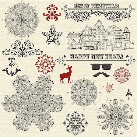 food antique illustrations - vector vintage holiday  design elements  and snowflakes, fully editable eps 10 file, standard AI fonts Stock Photo - Budget Royalty-Free & Subscription, Code: 400-07105542