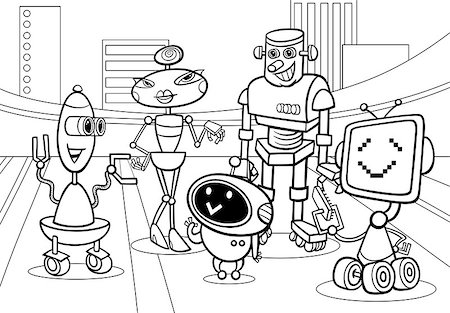 robot group - Black and White Cartoon Illustration of Funny Robots or Droids Group for Coloring Book Stock Photo - Budget Royalty-Free & Subscription, Code: 400-07105604