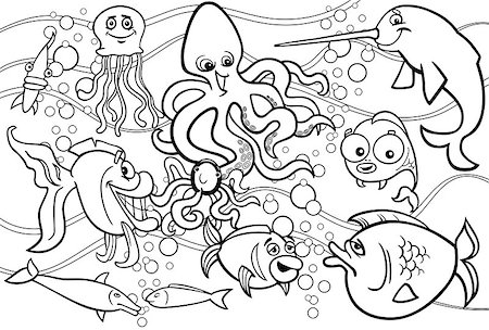 Black and White Cartoon Illustrations of Funny Sea Life Animals and Fish Mascot Characters Group for Children for Coloring Book Stockbilder - Microstock & Abonnement, Bildnummer: 400-07105606