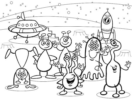 simsearch:400-07034082,k - Black and White Cartoon Illustrations of Fantasy Aliens or Martians Comic Mascot Characters Group for Coloring Book Fotografie stock - Microstock e Abbonamento, Codice: 400-07105608