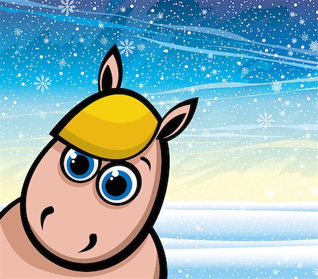 simsearch:400-07245107,k - Funny cartoon horse with big blue eyes on a winter background. Photographie de stock - Aubaine LD & Abonnement, Code: 400-07105949