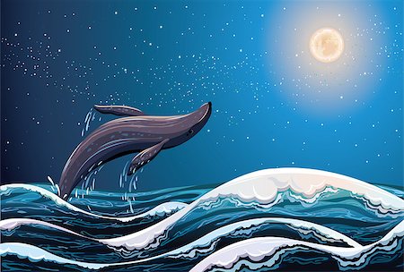 Whale jumping out of the waves on a night starry sky background with full moon Stock Photo - Budget Royalty-Free & Subscription, Code: 400-07105988