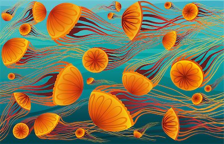 Cartoon orange jellyfish floating in the deep blue sea. Vector underwater wallpaper. Stock Photo - Budget Royalty-Free & Subscription, Code: 400-07106006