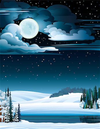Winter nature landscape with frozen lake and full moon on a night starry sky. Stock Photo - Budget Royalty-Free & Subscription, Code: 400-07106016