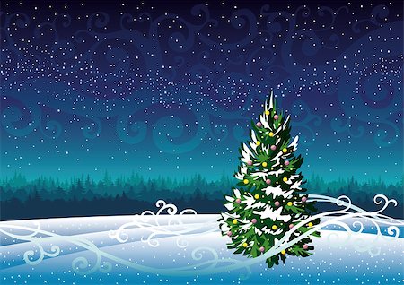 Winter vector landscape with snowy fir and starry night sky. Stock Photo - Budget Royalty-Free & Subscription, Code: 400-07106024