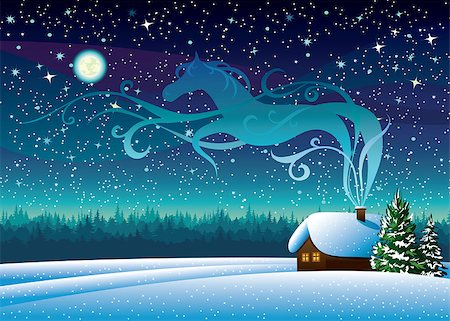 Vector winter landscape with snow hut and magic horse silhouette on a starry night background. Stock Photo - Budget Royalty-Free & Subscription, Code: 400-07106022