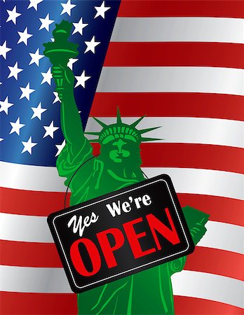 statue of liberty on the flag - Government Shutdown Statue of Liberty Closeup with Yes We Are Open Sign on USA American Flag Background Illustration Photographie de stock - Aubaine LD & Abonnement, Code: 400-07106163