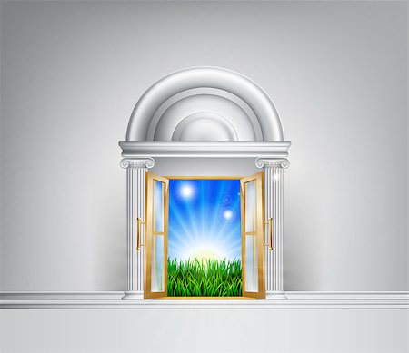 Conceptual illustration of a sunrise over fields through a grand entrance. Could be used in a self help or motivational concept or to represent hope for the future and lifestyle changes. Stock Photo - Budget Royalty-Free & Subscription, Code: 400-07106374