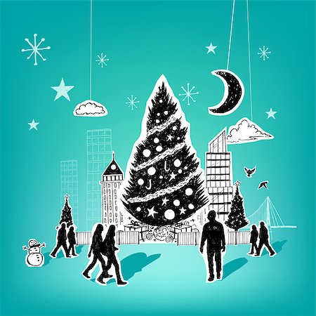 Paper City Christmas - Christmas themed hand drawn christmas vector elements. Fotografie stock - Microstock e Abbonamento, Codice: 400-07106733