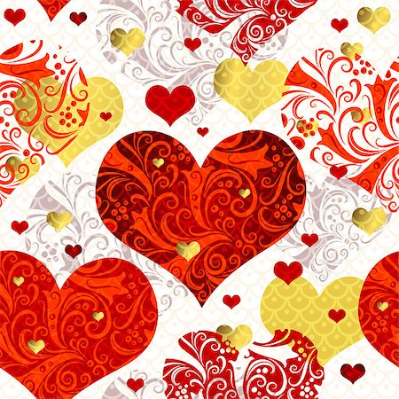 Vintage seamless valentine pattern with gold and lacy red hearts (vector EPS 10) Stock Photo - Budget Royalty-Free & Subscription, Code: 400-07106854