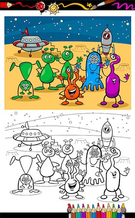 simsearch:400-08047776,k - Coloring Book or Page Cartoon Illustrations of Fantasy Aliens or Martians Comic Mascot Characters Group for Children Foto de stock - Royalty-Free Super Valor e Assinatura, Número: 400-07107331