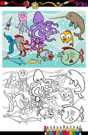 simsearch:400-08916743,k - Coloring Book or Page Cartoon Illustrations of Funny Sea Life Animals and Fish Mascot Characters Group for Children Stock Photo - Budget Royalty-Free & Subscription, Code: 400-07107333