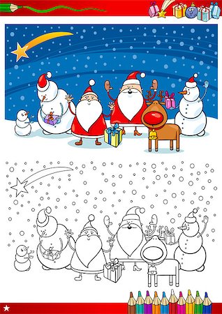 santa claus funny pic - Coloring Book or Page Cartoon Illustration of Themes Set with Santa Claus Group with Christmas Presents and Decorations for Children Stock Photo - Budget Royalty-Free & Subscription, Code: 400-07107340