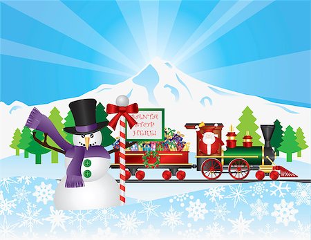 simsearch:400-07218254,k - Santa Claus on Vintage Train with Winter Snow Scene with Snowman House Trees and Stop Sign Illustration Stock Photo - Budget Royalty-Free & Subscription, Code: 400-07107364