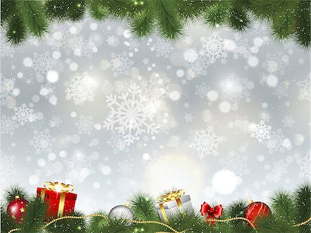 Christmas background of gifts and decorations in fir tree branches Stock Photo - Budget Royalty-Free & Subscription, Code: 400-07107619