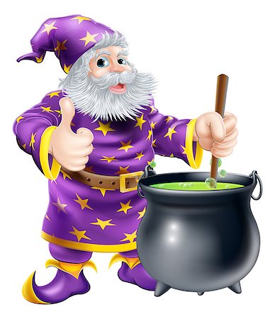 Cartoon of a happy old wizard character stirring a big black cauldron with bubbling green brew in it Photographie de stock - Aubaine LD & Abonnement, Code: 400-07107779