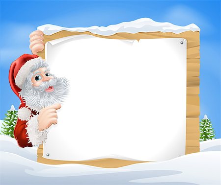 An illustration of a snow scene Christmas Santa sign with Santa Claus peeking round the sign and pointing in the middle of a winter landscape Stock Photo - Budget Royalty-Free & Subscription, Code: 400-07107900