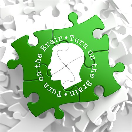 Turn On the Brain Written Arround Human Head Icon on Green Puzzle Pieces. Stock Photo - Budget Royalty-Free & Subscription, Code: 400-07107932