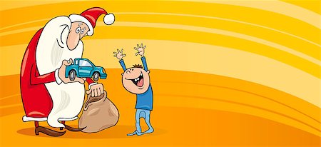 simsearch:400-05683592,k - Greeting Card Cartoon Illustration of Santa Claus with Christmas Present and Sack and Little Boy Stock Photo - Budget Royalty-Free & Subscription, Code: 400-07108140