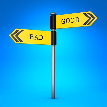 Yellow Two-Way Direction Sign with the Words Bad and Good on Blue Background. Concept of Choice. Stock Photo - Budget Royalty-Free & Subscription, Code: 400-07100100
