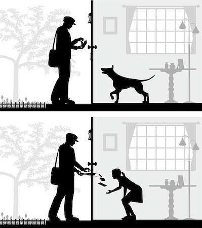 silhouettes man and dog - Two editable vector illustrations of mail being delivered to a house Stock Photo - Budget Royalty-Free & Subscription, Code: 400-07100166