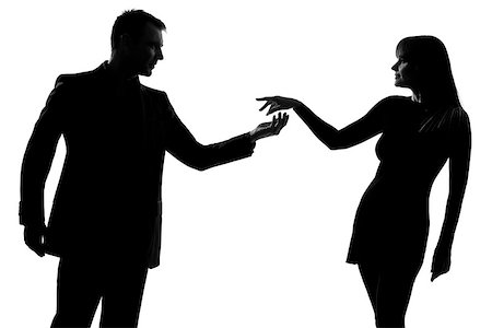 simsearch:400-07097695,k - one caucasian couple man holding out inviting hand in hand  woman in studio silhouette isolated on white background Stock Photo - Budget Royalty-Free & Subscription, Code: 400-07100623