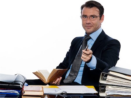 portrait of smiling casual businessman with paperwork in office - one man caucasian business man professor teacher  beckoning pointing camera sitting busy isolated studio on white background Photographie de stock - Aubaine LD & Abonnement, Code: 400-07100693
