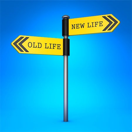 simsearch:400-08508160,k - Yellow Two-Way Direction Sign with the Words Old Life and New Life on Blue Background. Concept of Choice. Stockbilder - Microstock & Abonnement, Bildnummer: 400-07100884