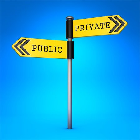 Yellow Two-Way Direction Sign with the Words Public and Private on Blue Background. Concept of Choice. Stock Photo - Budget Royalty-Free & Subscription, Code: 400-07100880