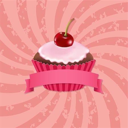 Cupcake With Cream Cherry And Sunburst With Gradient Mesh, Vector Illustration Stock Photo - Budget Royalty-Free & Subscription, Code: 400-07101055
